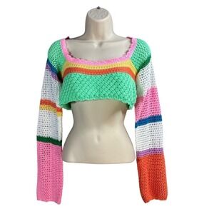 Crochet Crop Top Rainbow Striped Knit Beach Cover Up XS Boho Festival Hippie